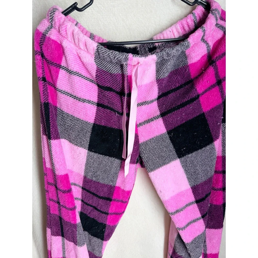 Pink Black Plaid Fleece Pajama Pants Women Large 12-14 Sleepwear Loungewear